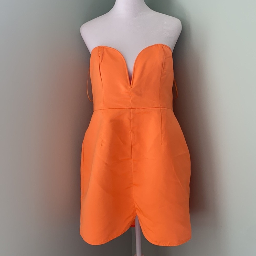NWT SHOWPO GOING TO DRIVE YOU MAD DRESS IN TANGERINE SATIN - Picture 5 of 7